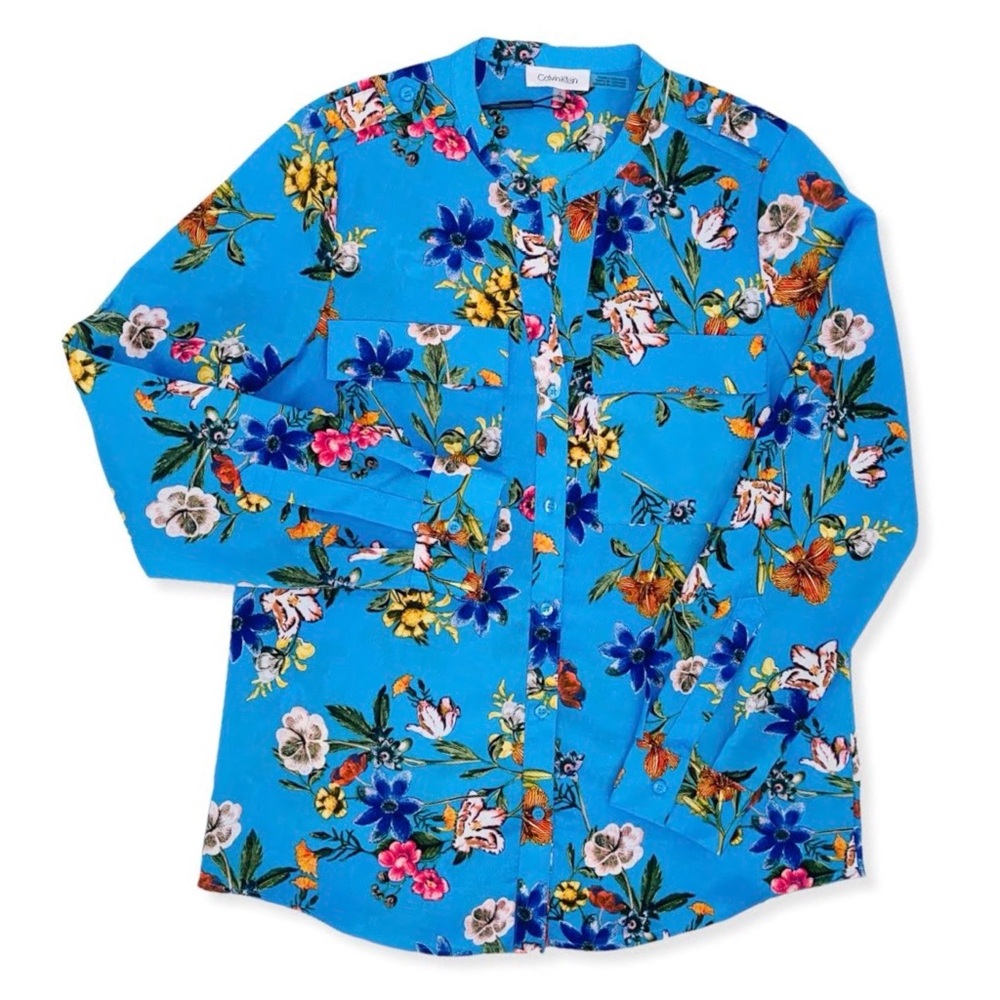 Calvin Klein Georgette Floral Blouse Roll-Sleeves Pockets Long Sleeve Blue - Picture 9 of 10